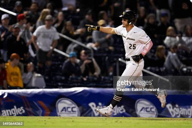 Brock Wilken of the Wake Forest Demon Deacons celebrates his home run against the Notre Dame Fighting Irish in the eighth inning during the ACC...