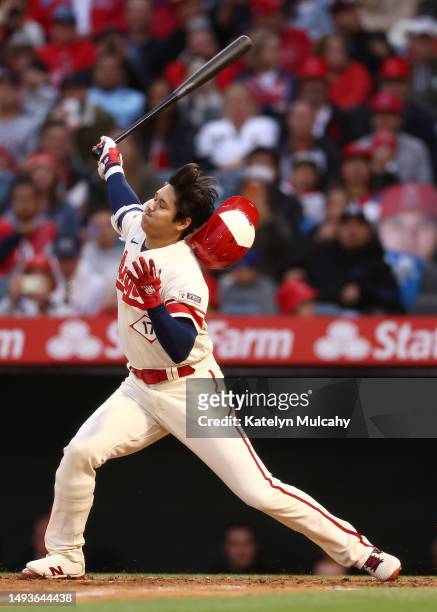 Shohei Ohtani of the Los Angeles Angels at bat during the third inning against the Miami Marlins at Angel Stadium of Anaheim on May 26, 2023 in...