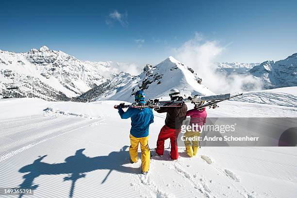 group of skiers looking into distance - freestyle skiing day 3 stockfoto's en -beelden