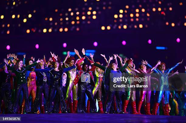 Performers dance as British music spanning the decades is played during the Opening Ceremony of the London 2012 Olympic Games at the Olympic Stadium...