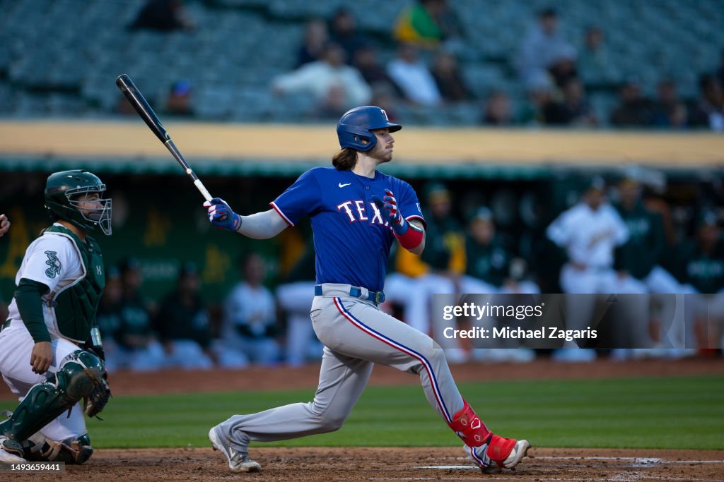 Texas Ranger Heim Jonah Heim of the Texas Rangers bats during the game against the ...