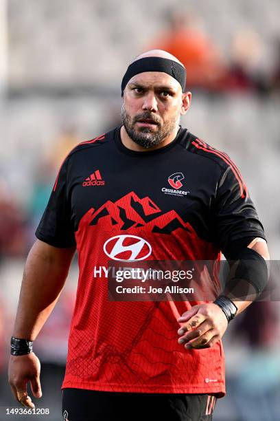 John Afoa of the Crusaders looks on ahead of the round 14 Super Rugby Pacific match between Crusaders and NSW Waratahs at Orangetheory Stadium, on...