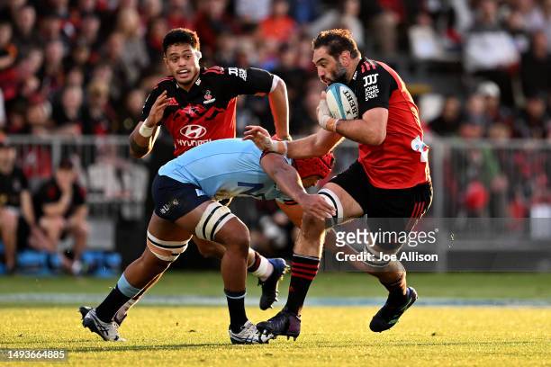 Samuel Whitelock of the Crusaders charges forward during the round 14 Super Rugby Pacific match between Crusaders and NSW Waratahs at Orangetheory...
