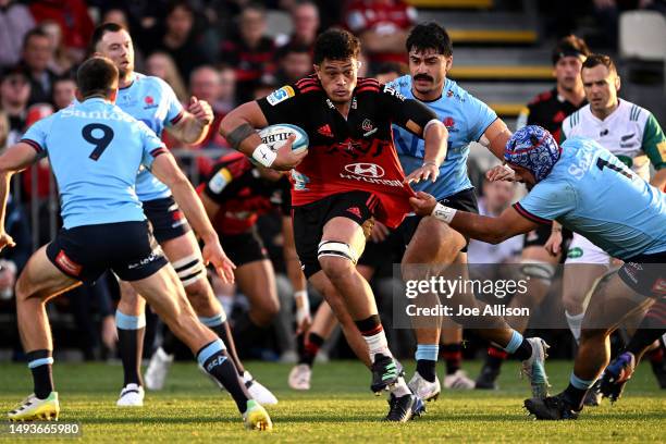 Christian Lio-Willie of the Crusaders charges forward during the round 14 Super Rugby Pacific match between Crusaders and NSW Waratahs at...