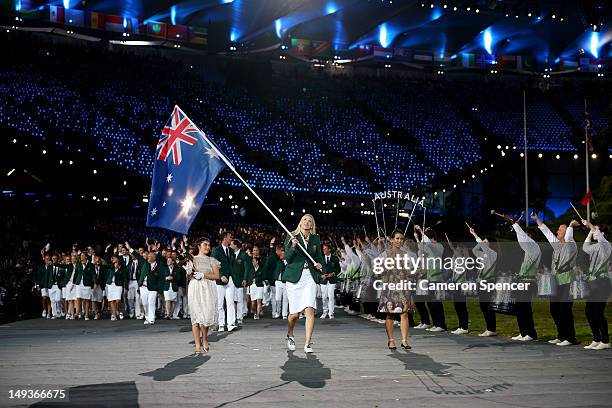 Australian basketballer and flag bearer Lauren Jackson leads the Australian team into the stadium during the Opening Ceremony of the London 2012...