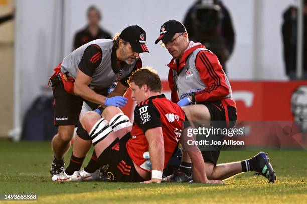 Cullen Grace of the Crusaders receives medical attention during the round 14 Super Rugby Pacific match between Crusaders and NSW Waratahs at...