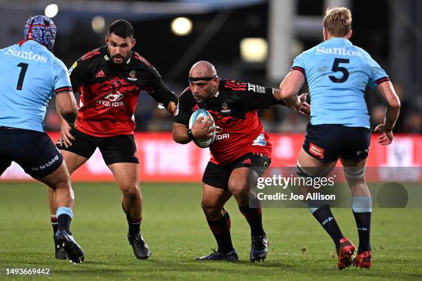 John Afoa of the Crusaders charges forward during the round 14 Super Rugby Pacific match between Crusaders and NSW Waratahs at Orangetheory Stadium,...