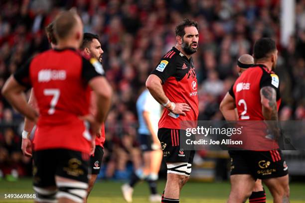 Samuel Whitelock of the Crusaders looks on during the round 14 Super Rugby Pacific match between Crusaders and NSW Waratahs at Orangetheory Stadium,...