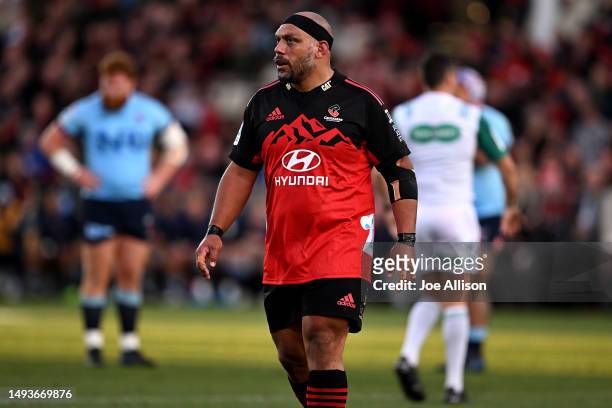 John Afoa of the Crusaders looks on during the round 14 Super Rugby Pacific match between Crusaders and NSW Waratahs at Orangetheory Stadium, on May...