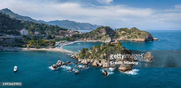 taormina isola bella islet sicily panorama italy - mlenny stock pictures, royalty-free photos & images