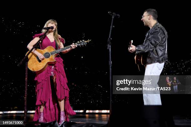 Taylor Swift and Jack Antonoff perform onstage during "Taylor Swift | The Eras Tour" at MetLife Stadium on May 26, 2023 in East Rutherford, New...