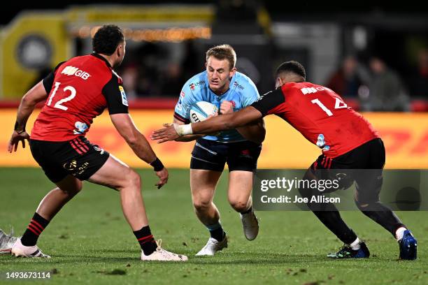 Joey Walton of the Waratahs charges forward during the round 14 Super Rugby Pacific match between Crusaders and NSW Waratahs at Orangetheory Stadium,...