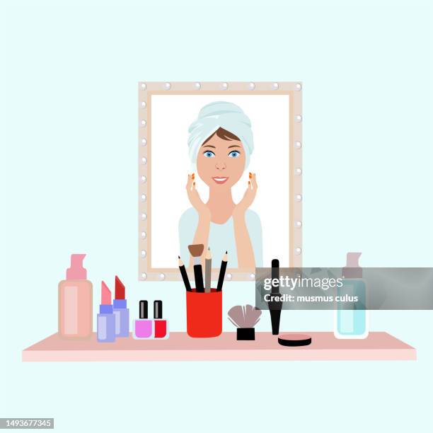 woman applying makeup - stock illustration - applying mascara stock illustrations