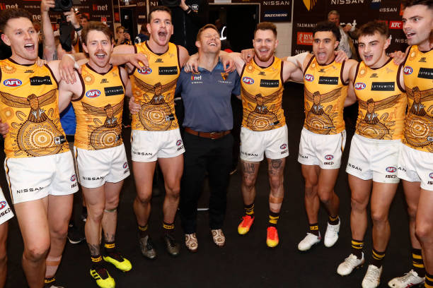 Hawthorn players sing the team song after the round 11 AFL match between St Kilda Saints and Hawthorn Hawks at Marvel Stadium, on May 27 in...