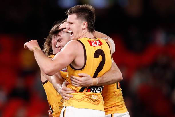 Mitch Lewis of the Hawks celebrates on the final siren during the round 11 AFL match between St Kilda Saints and Hawthorn Hawks at Marvel Stadium, on...