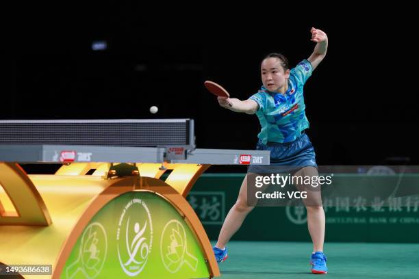 Ito Mima of Japan competes in the Women's Singles quarter-final match against Chen Meng of China on day 7 of World Table Tennis Championships Finals...