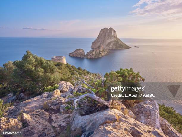 es vedrà, es vedranell, torre des savinar, rocky isles, ancient tower and lush mediterranean scrub at sunset, ibiza, spain - ibiza island stock pictures, royalty-free photos & images