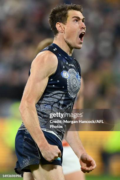 Jeremy Cameron of the Cats celebrates a goal during the round 11 AFL match between Geelong Cats and Greater Western Sydney Giants at GMHBA Stadium,...