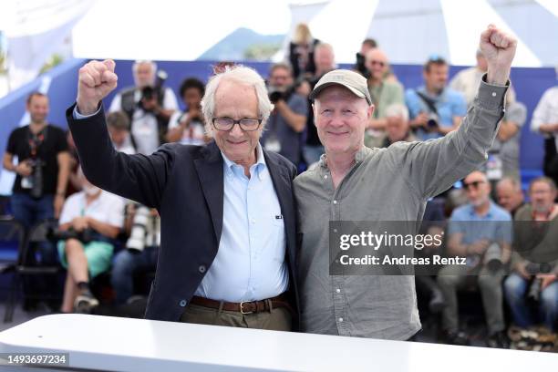 Director, Ken Loach and Paul Laverty attend "The Old Oak" photocall at the 76th annual Cannes film festival at Palais des Festivals on May 27, 2023...