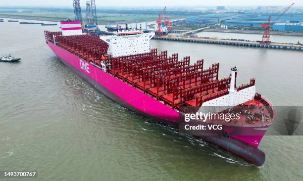 The 366-meter-long ONE FRUITION 15,000 TEU container ship leaves a shipyard of Jiangsu Yangzi-Mitsui Shipbuilding Co., Ltd after delivery on May 26,...