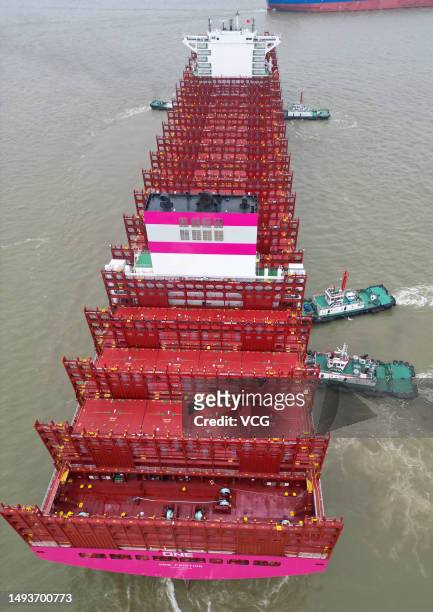 The 366-meter-long ONE FRUITION 15,000 TEU container ship leaves a shipyard of Jiangsu Yangzi-Mitsui Shipbuilding Co., Ltd after delivery on May 26,...