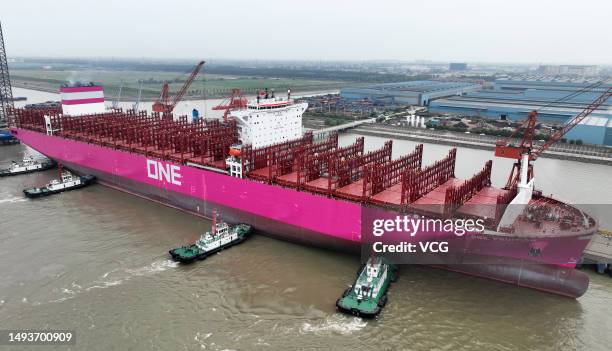 The 366-meter-long ONE FRUITION 15,000 TEU container ship leaves a shipyard of Jiangsu Yangzi-Mitsui Shipbuilding Co., Ltd after delivery on May 26,...