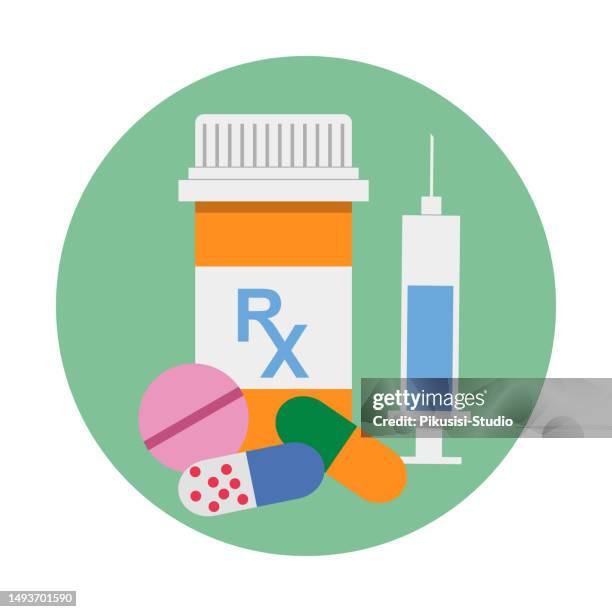 medicine bottle with pills, capsules and syringe for injection icon set in flat design. healthcare and medicine, drugs and antibiotic pharmaceutical concept. - opioids stock illustrations