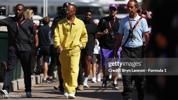 Lewis Hamilton of Great Britain and Mercedes walks in the Paddock prior to final practice ahead of the F1 Grand Prix of Monaco at Circuit de Monaco...
