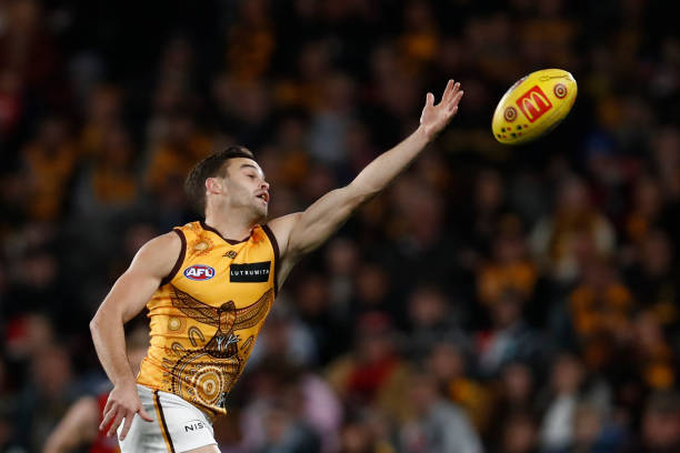 Karl Amon of the Hawks attempts to mark the ball during the round 11 AFL match between St Kilda Saints and Hawthorn Hawks at Marvel Stadium, on May...