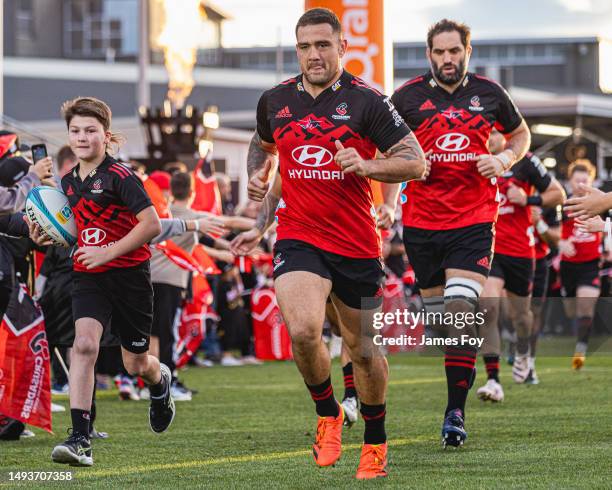 Codie Taylor of the Crusaders takes to the field during the round 14 Super Rugby Pacific match between Crusaders and NSW Waratahs at Orangetheory...