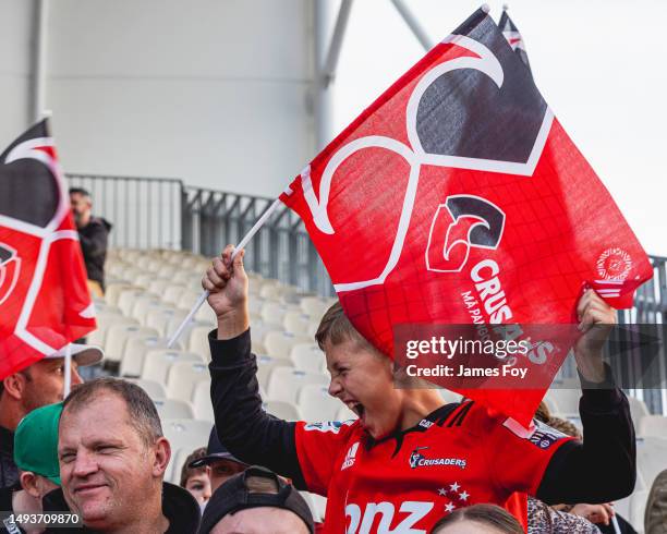 Fans show support during the round 14 Super Rugby Pacific match between Crusaders and NSW Waratahs at Orangetheory Stadium, on May 27 in...