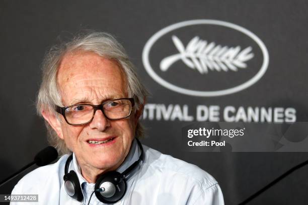 Director Ken Loach attends the "The Old Oak" press conference at the 76th annual Cannes film festival at Palais des Festivals on May 27, 2023 in...