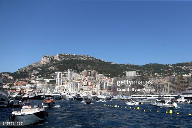 General view of boats in the harbour prior to final practice ahead of the F1 Grand Prix of Monaco at Circuit de Monaco on May 27, 2023 in...