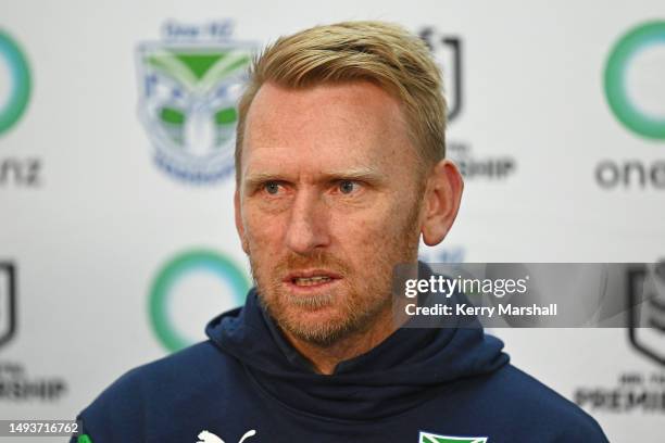 Warriors coach Andrew Webster speaks during a post match press conference following the round 13 NRL match between New Zealand Warriors and Brisbane...