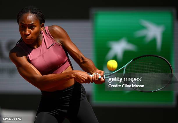 Coco Gauff of the United States in action during a practice match ahead of the French Open Tennis at Roland Garros on May 27, 2023 in Paris, France.