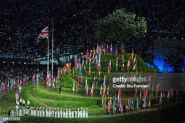 General View of national flags during the Opening Ceremony of the London 2012 Olympic Games at the Olympic Stadium on July 27, 2012 in London,...