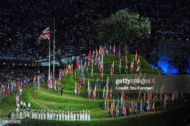 General View of national flags during the Opening Ceremony of the London 2012 Olympic Games at the Olympic Stadium on July 27, 2012 in London,...