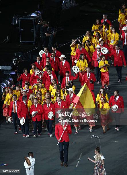 Pau Gasol of the Spain Olympic basketball team carries his country's flag during the Opening Ceremony of the London 2012 Olympic Games at the Olympic...