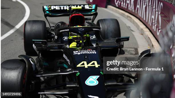 Lewis Hamilton of Great Britain driving the Mercedes AMG Petronas F1 Team W14 crashes during final practice ahead of the F1 Grand Prix of Monaco at...