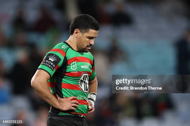 Cody Walker of the Rabbitohs looks dejected after losing the round 13 NRL match between South Sydney Rabbitohs and Canberra Raiders at Accor Stadium...