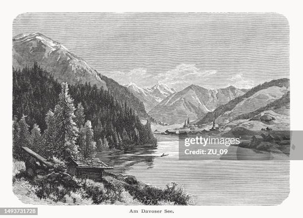 historische ansicht des davosersees, graubünden, schweiz, holzschnitt, veröffentlicht 1877 - davos stock-grafiken, -clipart, -cartoons und -symbole
