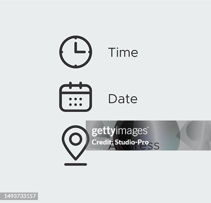 Uhrzeit, Datum, Ort, Adresse, Symbolsatzvorlage. Uhr, Kalender, Ortssymbole. Geschäftsvektordesign signieren Uhrzeit, Datum, Ort, Adresse, Symbolsatzvorlage. Uhr, Kalender, Ortssymbole. Geschäftsvektordesign signieren