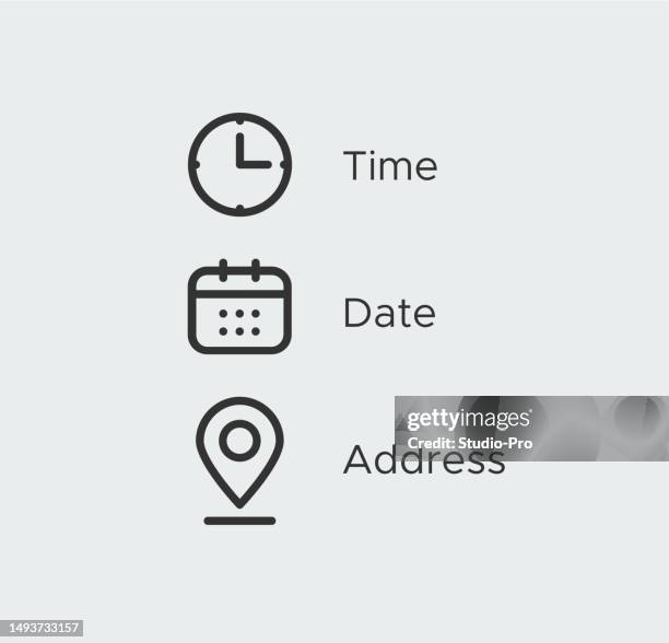 illustrazioni stock, clip art, cartoni animati e icone di tendenza di modello di set di icone di ora, data, indirizzo di posizione. orologio, calendario, simboli di posizione. firma il design vettoriale aziendale - data scritta