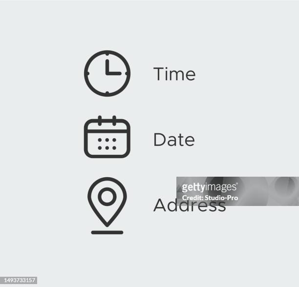 bildbanksillustrationer, clip art samt tecknat material och ikoner med time, date, location address icon set template. clock, calendar, location symbols. sign business vector design - time