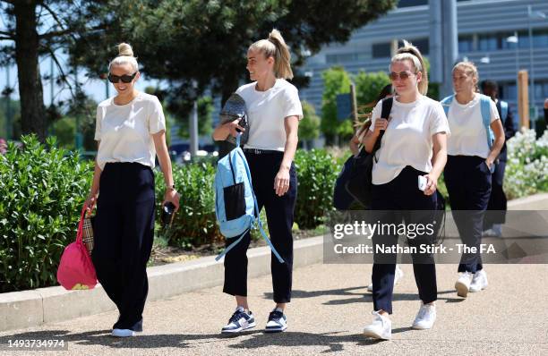 Chloe Kelly, Steph Houghton and Lauren Hemp of Manchester City arrive at the stadium prior to the FA Women's Super League match between Manchester...