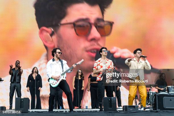 Kevin Jonas, Joe Jonas and Nick Jonas of Jonas Brothers perform on Radio 1 Stage during BBC Radio 1's Big Weekend 2023 at Camperdown Wildlife Centre...