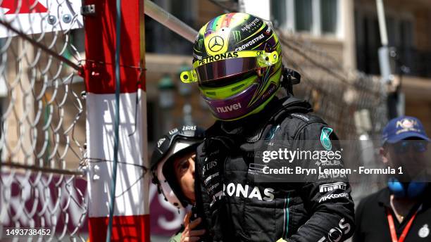 Lewis Hamilton of Great Britain and Mercedes Lewis Hamilton of Great Britain and Mercedes looks on after crashing during final practice ahead of the...