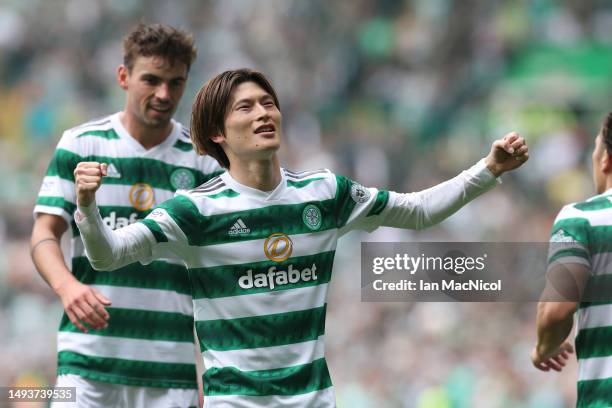 Kyogo Furuhashi of Celtic celebrates after he scores his team's second goal during the Cinch Scottish Premiership match between Celtic and Aberdeen...