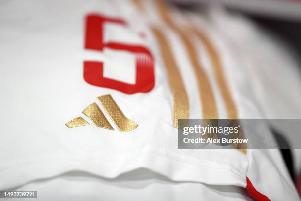 Detailed view of the adidas logo is seen on the shorts of Jennifer Beattie inside the Arsenal dressing room prior to the FA Women's Super League...