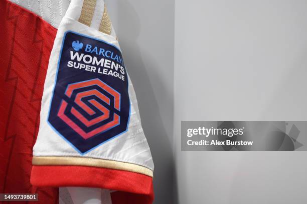 Detailed view of the Barclays Women's Super League logo is seen on the sleeve of an Arsenal shirt inside the Arsenal dressing room prior to the FA...